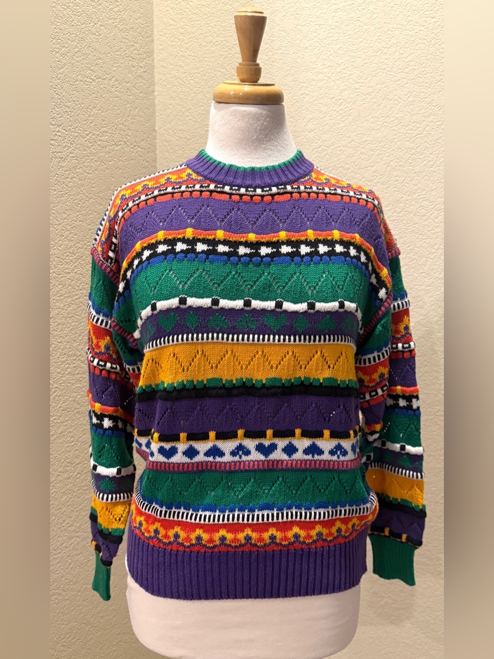 VTG 80s Head 3D Geometric Colorful Ski New Wave Punk Sweater S